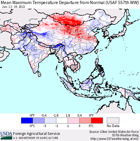 Asia Mean Maximum Temperature Departure from Normal (USAF 557th WW) Thematic Map For 6/13/2022 - 6/19/2022