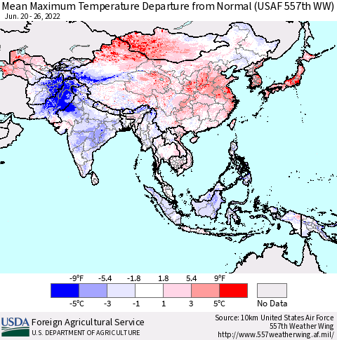 Asia Mean Maximum Temperature Departure from Normal (USAF 557th WW) Thematic Map For 6/20/2022 - 6/26/2022