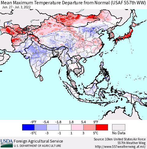 Asia Mean Maximum Temperature Departure from Normal (USAF 557th WW) Thematic Map For 6/27/2022 - 7/3/2022