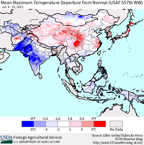 Asia Mean Maximum Temperature Departure from Normal (USAF 557th WW) Thematic Map For 7/4/2022 - 7/10/2022
