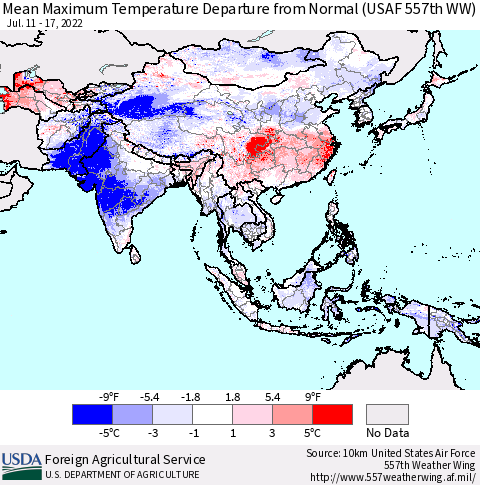 Asia Mean Maximum Temperature Departure from Normal (USAF 557th WW) Thematic Map For 7/11/2022 - 7/17/2022