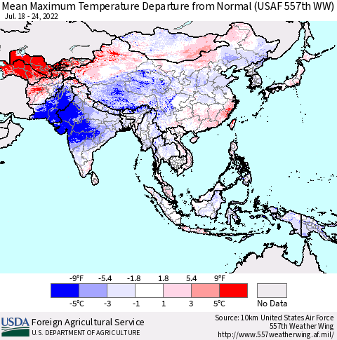 Asia Mean Maximum Temperature Departure from Normal (USAF 557th WW) Thematic Map For 7/18/2022 - 7/24/2022