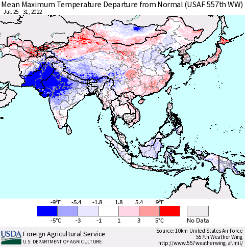 Asia Mean Maximum Temperature Departure from Normal (USAF 557th WW) Thematic Map For 7/25/2022 - 7/31/2022