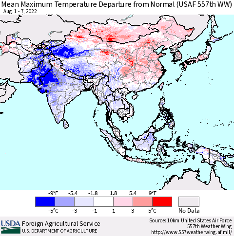 Asia Mean Maximum Temperature Departure from Normal (USAF 557th WW) Thematic Map For 8/1/2022 - 8/7/2022