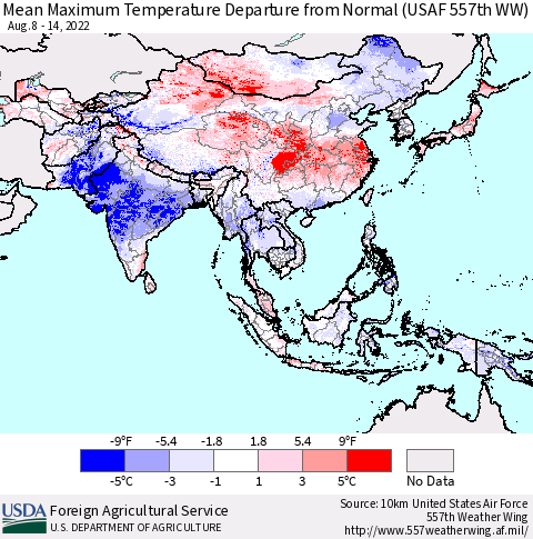 Asia Mean Maximum Temperature Departure from Normal (USAF 557th WW) Thematic Map For 8/8/2022 - 8/14/2022