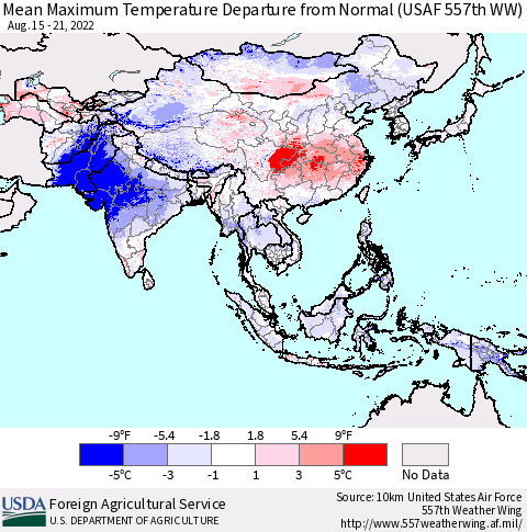 Asia Mean Maximum Temperature Departure from Normal (USAF 557th WW) Thematic Map For 8/15/2022 - 8/21/2022