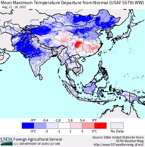 Asia Mean Maximum Temperature Departure from Normal (USAF 557th WW) Thematic Map For 8/22/2022 - 8/28/2022
