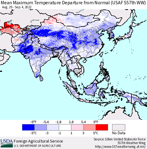 Asia Mean Maximum Temperature Departure from Normal (USAF 557th WW) Thematic Map For 8/29/2022 - 9/4/2022