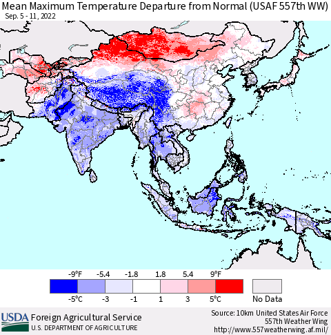Asia Mean Maximum Temperature Departure from Normal (USAF 557th WW) Thematic Map For 9/5/2022 - 9/11/2022