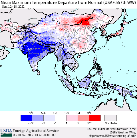 Asia Mean Maximum Temperature Departure from Normal (USAF 557th WW) Thematic Map For 9/12/2022 - 9/18/2022