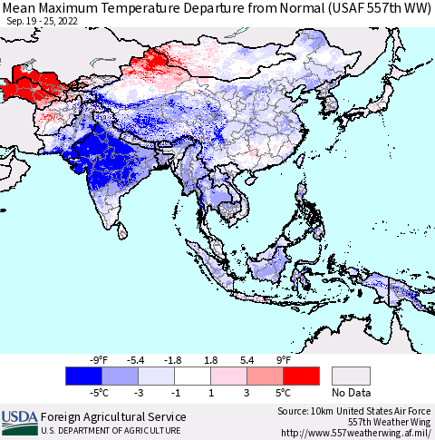 Asia Mean Maximum Temperature Departure from Normal (USAF 557th WW) Thematic Map For 9/19/2022 - 9/25/2022