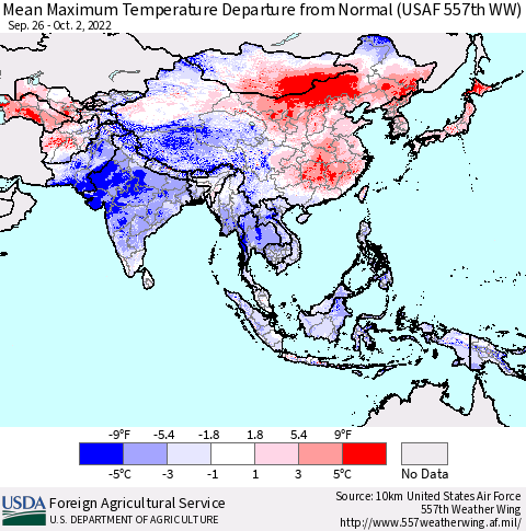 Asia Mean Maximum Temperature Departure from Normal (USAF 557th WW) Thematic Map For 9/26/2022 - 10/2/2022
