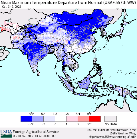 Asia Mean Maximum Temperature Departure from Normal (USAF 557th WW) Thematic Map For 10/3/2022 - 10/9/2022