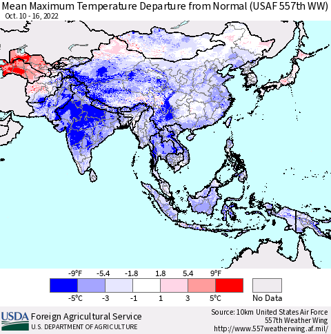 Asia Mean Maximum Temperature Departure from Normal (USAF 557th WW) Thematic Map For 10/10/2022 - 10/16/2022
