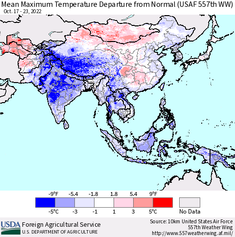 Asia Mean Maximum Temperature Departure from Normal (USAF 557th WW) Thematic Map For 10/17/2022 - 10/23/2022
