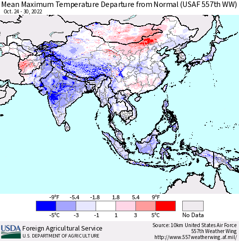 Asia Mean Maximum Temperature Departure from Normal (USAF 557th WW) Thematic Map For 10/24/2022 - 10/30/2022