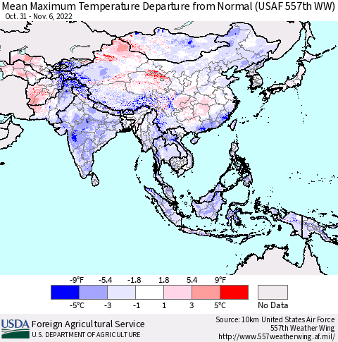 Asia Mean Maximum Temperature Departure from Normal (USAF 557th WW) Thematic Map For 10/31/2022 - 11/6/2022
