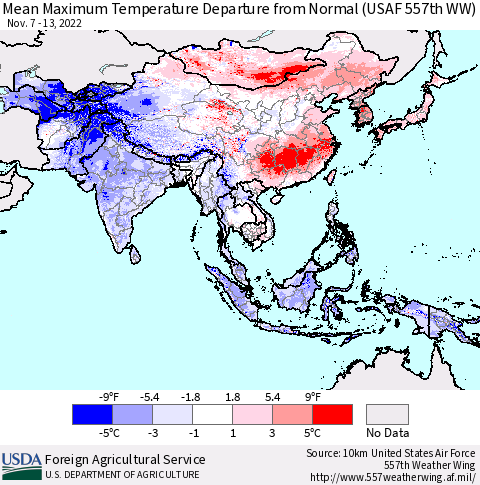 Asia Mean Maximum Temperature Departure from Normal (USAF 557th WW) Thematic Map For 11/7/2022 - 11/13/2022