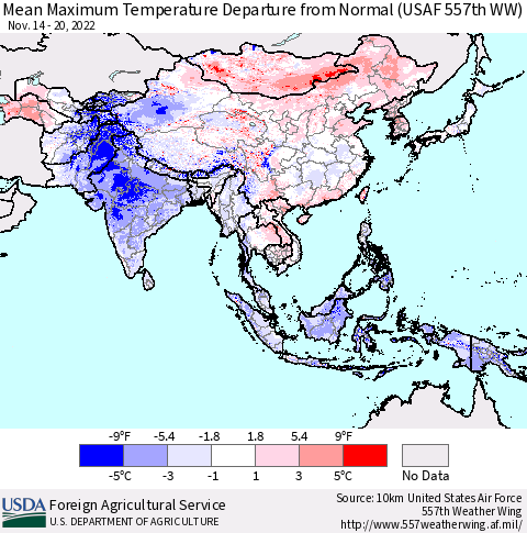 Asia Mean Maximum Temperature Departure from Normal (USAF 557th WW) Thematic Map For 11/14/2022 - 11/20/2022