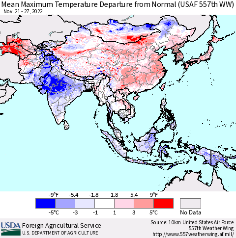 Asia Mean Maximum Temperature Departure from Normal (USAF 557th WW) Thematic Map For 11/21/2022 - 11/27/2022