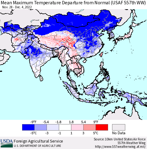 Asia Mean Maximum Temperature Departure from Normal (USAF 557th WW) Thematic Map For 11/28/2022 - 12/4/2022
