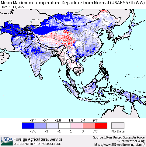 Asia Mean Maximum Temperature Departure from Normal (USAF 557th WW) Thematic Map For 12/5/2022 - 12/11/2022
