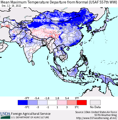 Asia Mean Maximum Temperature Departure from Normal (USAF 557th WW) Thematic Map For 12/12/2022 - 12/18/2022