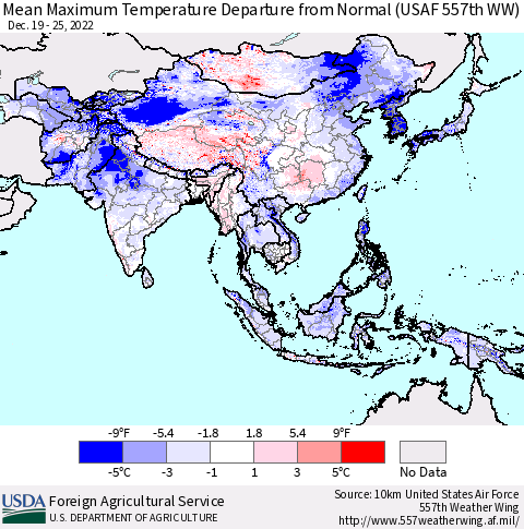 Asia Mean Maximum Temperature Departure from Normal (USAF 557th WW) Thematic Map For 12/19/2022 - 12/25/2022