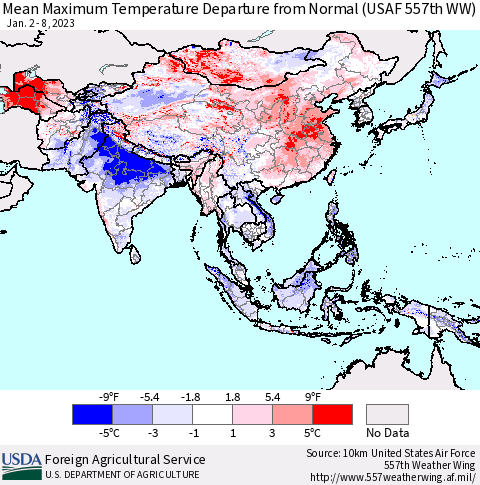 Asia Mean Maximum Temperature Departure from Normal (USAF 557th WW) Thematic Map For 1/2/2023 - 1/8/2023
