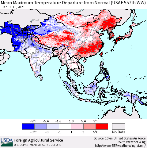 Asia Mean Maximum Temperature Departure from Normal (USAF 557th WW) Thematic Map For 1/9/2023 - 1/15/2023