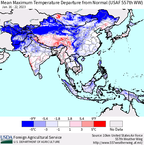 Asia Mean Maximum Temperature Departure from Normal (USAF 557th WW) Thematic Map For 1/16/2023 - 1/22/2023