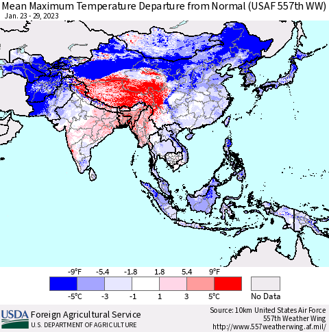 Asia Mean Maximum Temperature Departure from Normal (USAF 557th WW) Thematic Map For 1/23/2023 - 1/29/2023