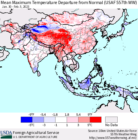 Asia Mean Maximum Temperature Departure from Normal (USAF 557th WW) Thematic Map For 1/30/2023 - 2/5/2023