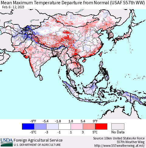 Asia Mean Maximum Temperature Departure from Normal (USAF 557th WW) Thematic Map For 2/6/2023 - 2/12/2023