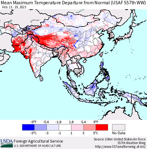 Asia Mean Maximum Temperature Departure from Normal (USAF 557th WW) Thematic Map For 2/13/2023 - 2/19/2023