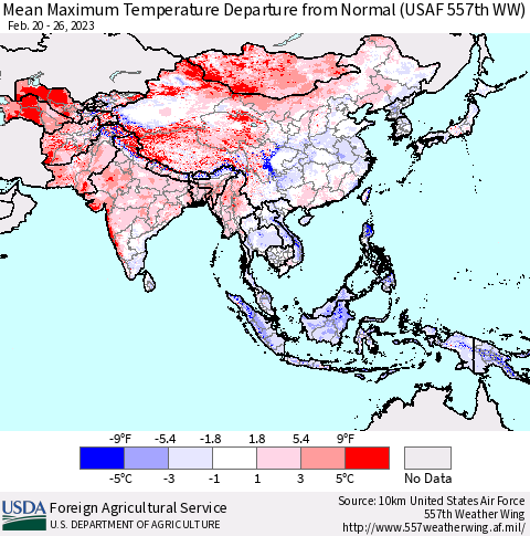Asia Mean Maximum Temperature Departure from Normal (USAF 557th WW) Thematic Map For 2/20/2023 - 2/26/2023