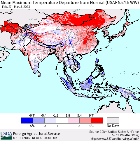 Asia Mean Maximum Temperature Departure from Normal (USAF 557th WW) Thematic Map For 2/27/2023 - 3/5/2023