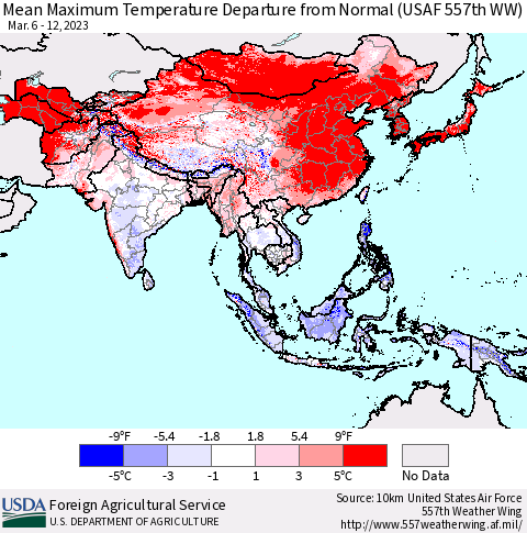 Asia Mean Maximum Temperature Departure from Normal (USAF 557th WW) Thematic Map For 3/6/2023 - 3/12/2023