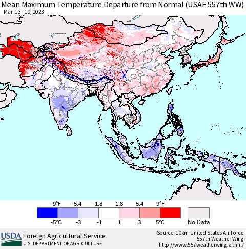 Asia Mean Maximum Temperature Departure from Normal (USAF 557th WW) Thematic Map For 3/13/2023 - 3/19/2023