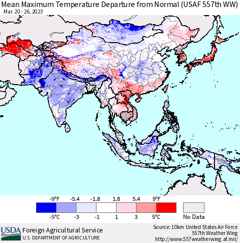 Asia Mean Maximum Temperature Departure from Normal (USAF 557th WW) Thematic Map For 3/20/2023 - 3/26/2023