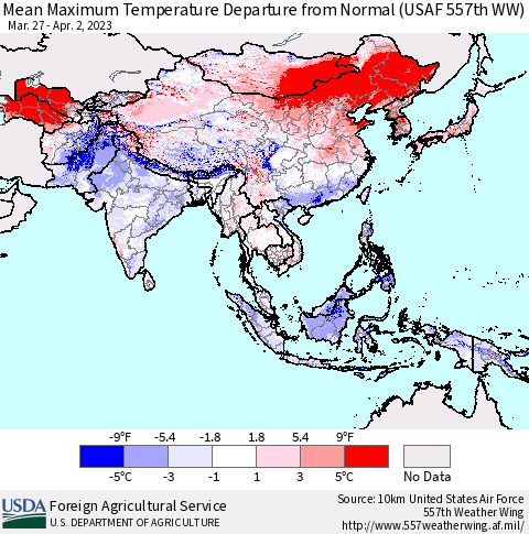 Asia Mean Maximum Temperature Departure from Normal (USAF 557th WW) Thematic Map For 3/27/2023 - 4/2/2023