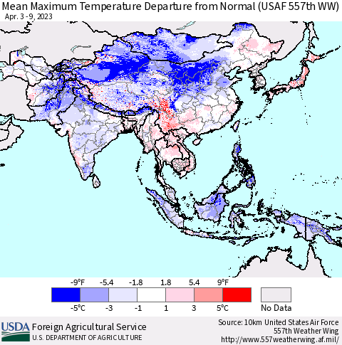 Asia Mean Maximum Temperature Departure from Normal (USAF 557th WW) Thematic Map For 4/3/2023 - 4/9/2023