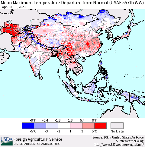 Asia Mean Maximum Temperature Departure from Normal (USAF 557th WW) Thematic Map For 4/10/2023 - 4/16/2023