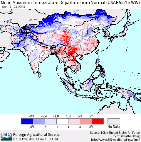 Asia Mean Maximum Temperature Departure from Normal (USAF 557th WW) Thematic Map For 4/17/2023 - 4/23/2023