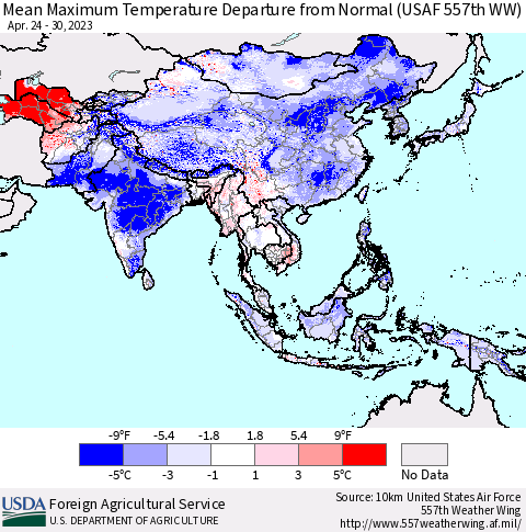 Asia Mean Maximum Temperature Departure from Normal (USAF 557th WW) Thematic Map For 4/24/2023 - 4/30/2023