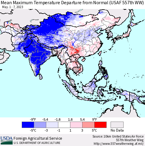 Asia Mean Maximum Temperature Departure from Normal (USAF 557th WW) Thematic Map For 5/1/2023 - 5/7/2023