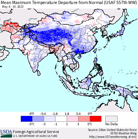 Asia Mean Maximum Temperature Departure from Normal (USAF 557th WW) Thematic Map For 5/8/2023 - 5/14/2023