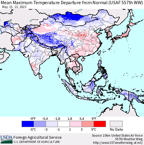 Asia Mean Maximum Temperature Departure from Normal (USAF 557th WW) Thematic Map For 5/15/2023 - 5/21/2023