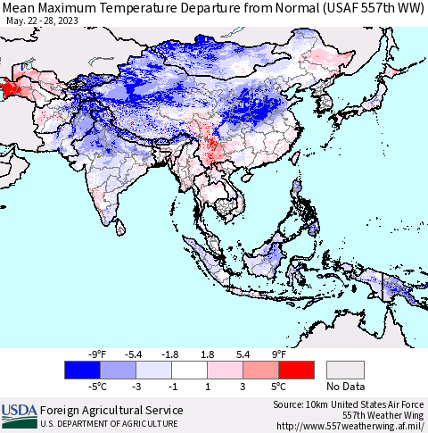 Asia Mean Maximum Temperature Departure from Normal (USAF 557th WW) Thematic Map For 5/22/2023 - 5/28/2023