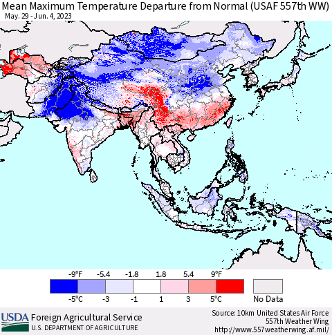 Asia Mean Maximum Temperature Departure from Normal (USAF 557th WW) Thematic Map For 5/29/2023 - 6/4/2023